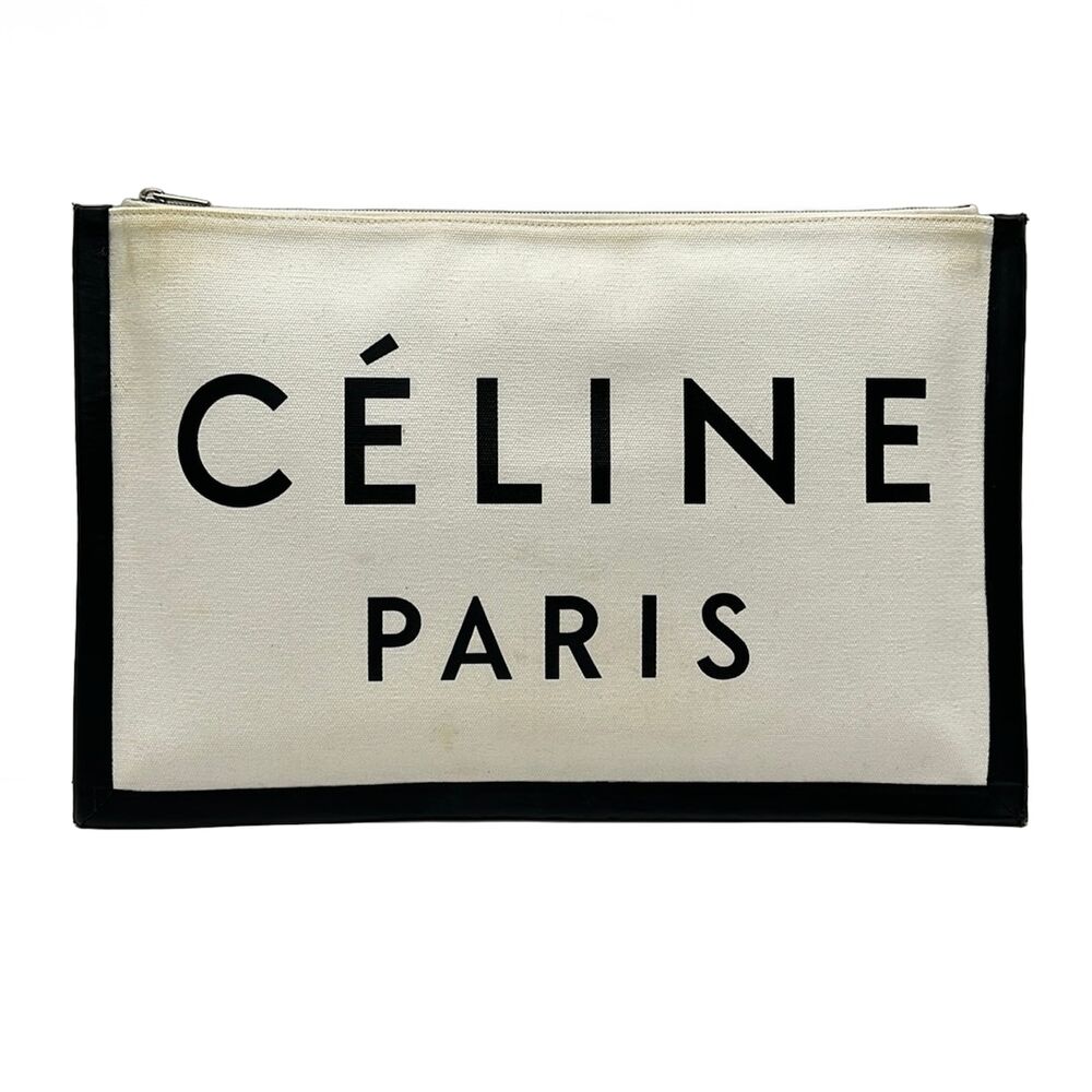 Celine Clutch Bag Cream Black Canvas Leather
